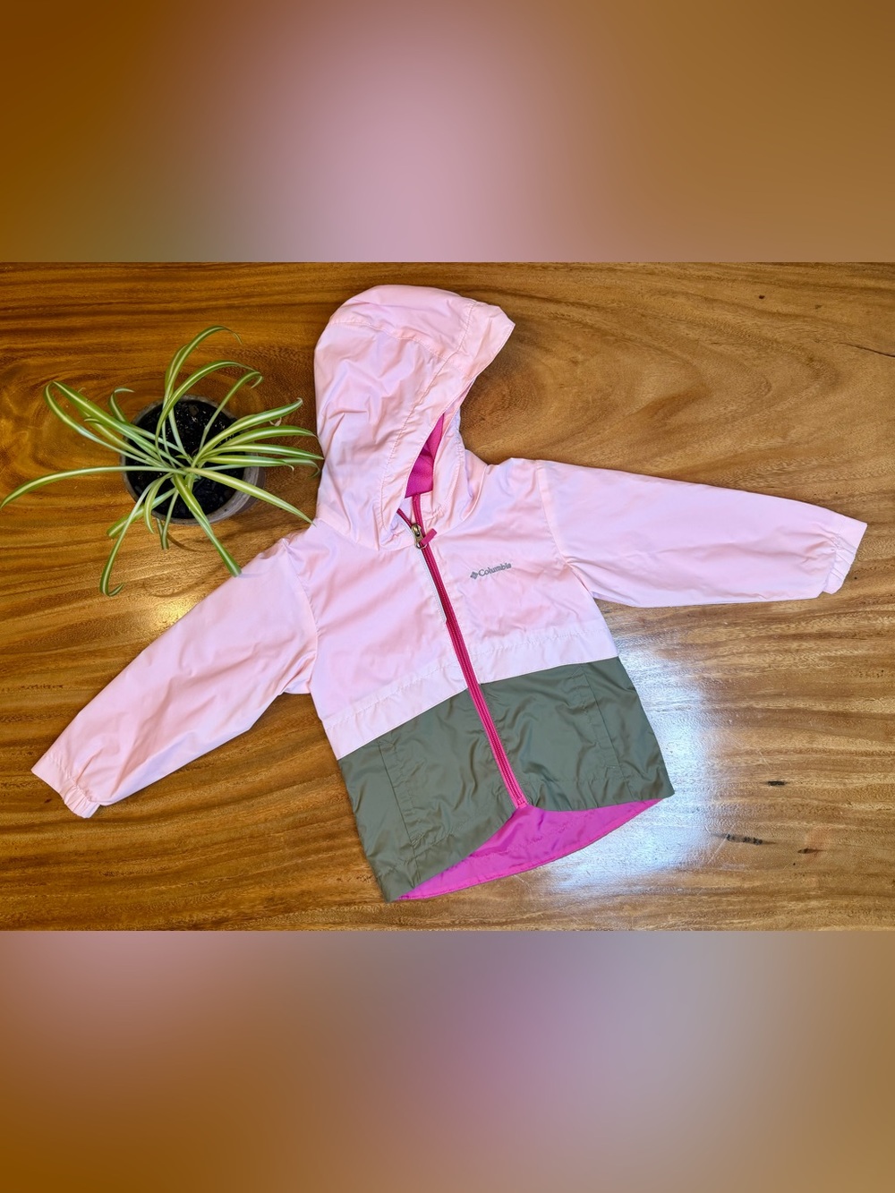 Columbia | Girls Fleece-Lined Rain Jacket in Pink & Olive - 3T